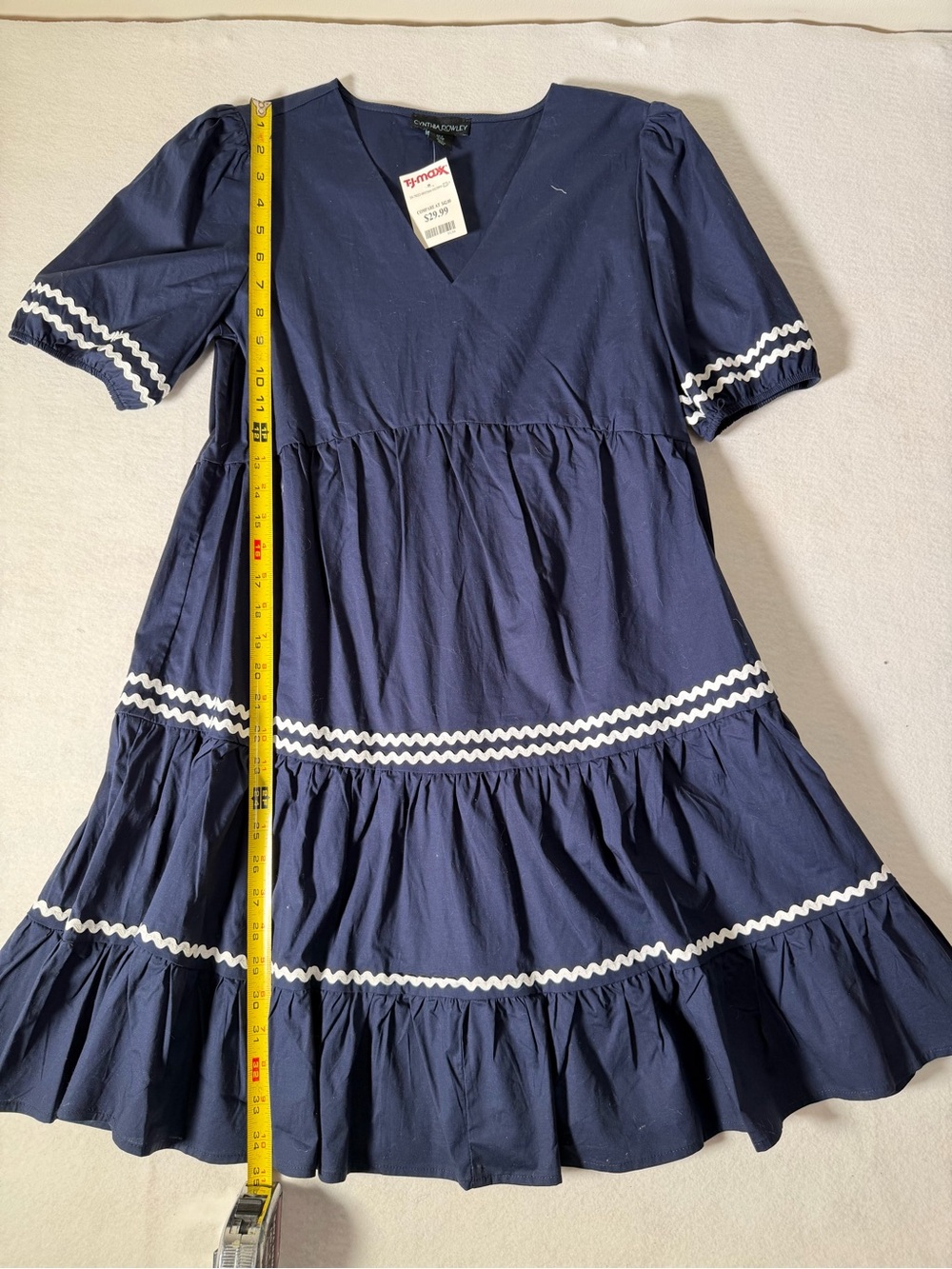 Cynthia Rowley Navy Tiered Dress with White Ric-Rac Trim